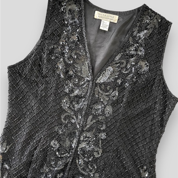 Vintage 1980s Niteline by Della Roufogali Black Beaded Silk Vest - Large - Picture 4 of 6